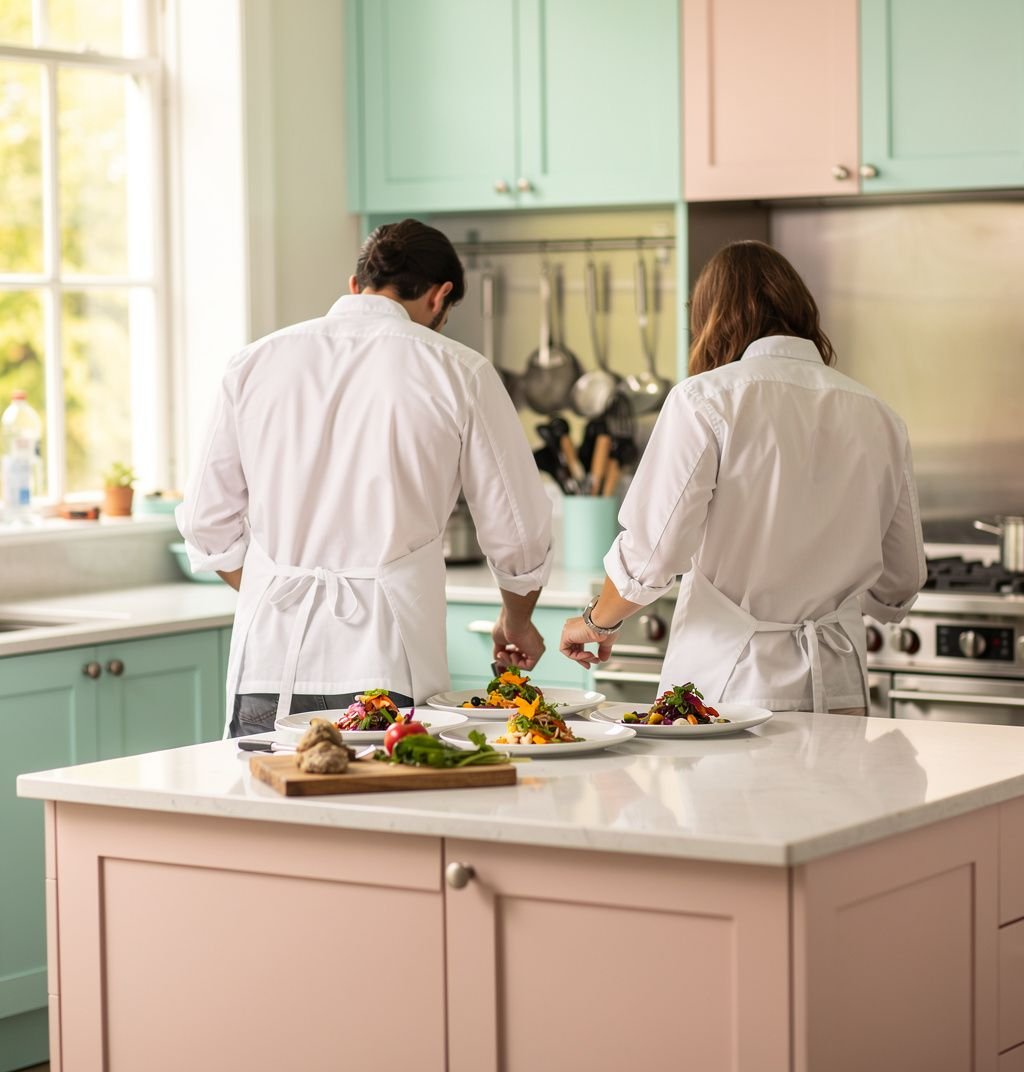 Team members plating food in the test kitchen